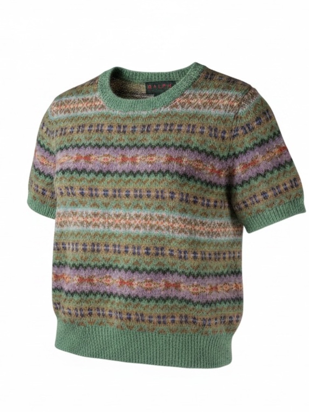 Vintage Ralph Lauren Mint Green Multicolor Fair Isle Short Sleeve Sweater - Picture 2 of 6